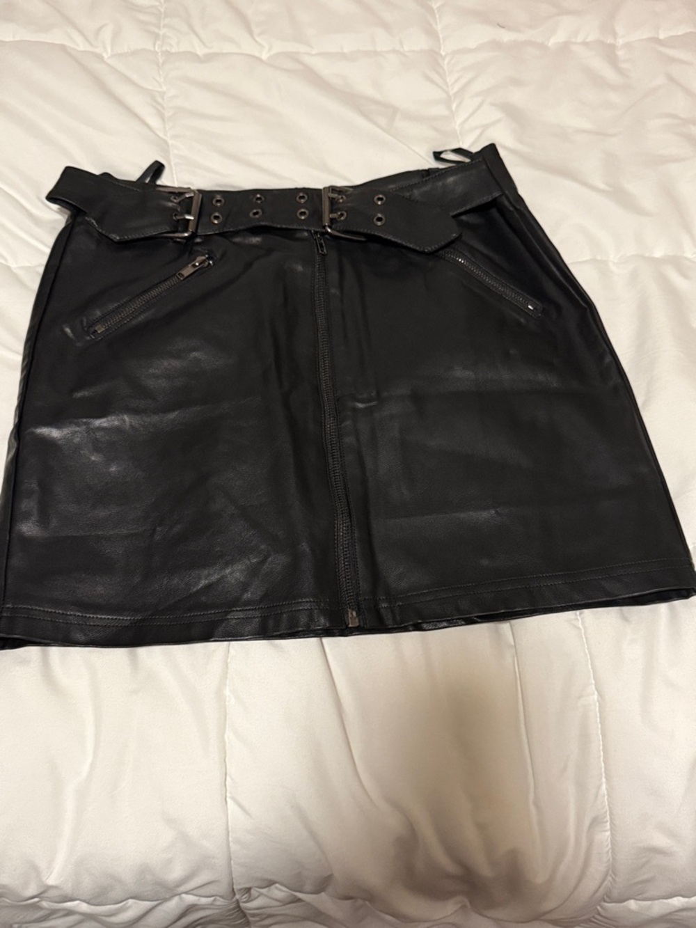 Black Faux Leather Zip Front Mini Skirt with Belt
